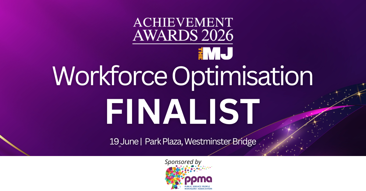 A banner showing the word FINALIST for the Workforce Optimisation category at the MJ Achievement Awards 2026. The background is deep purple and the writing is white.
